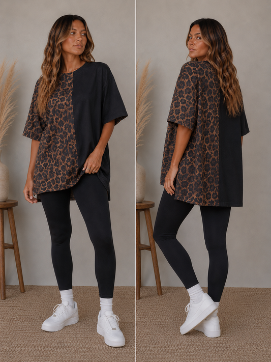 High/Low Black & Leopard Split Tee