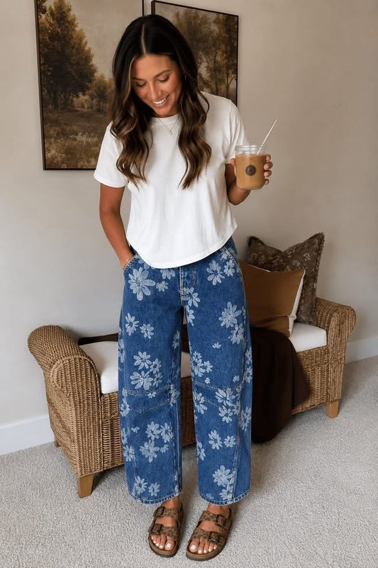 Floral Barrel Jeans — Dark Wash