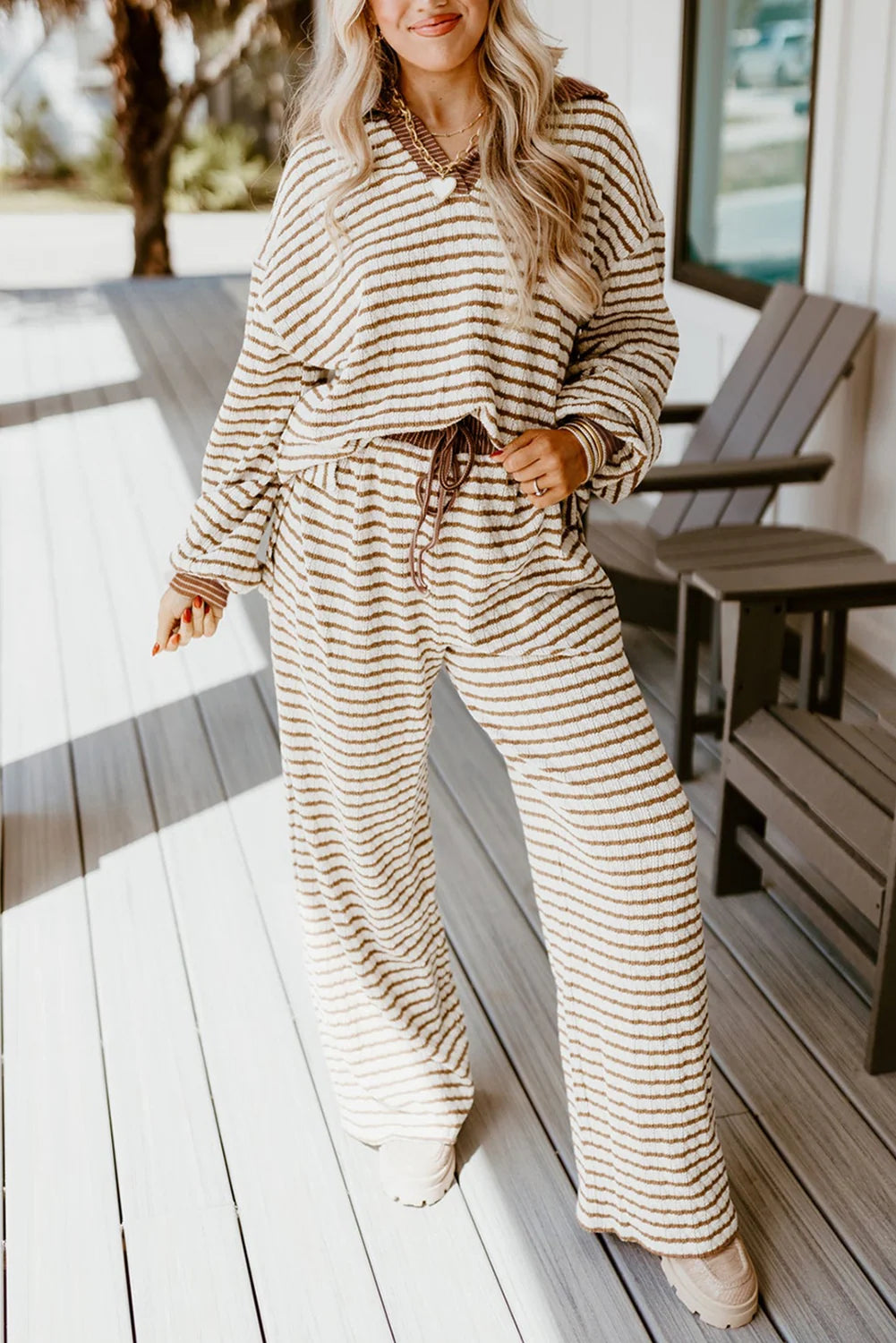 Collared Striped Lounge Set