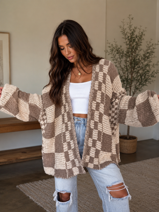 Oversized Checkered Knit Cardigan