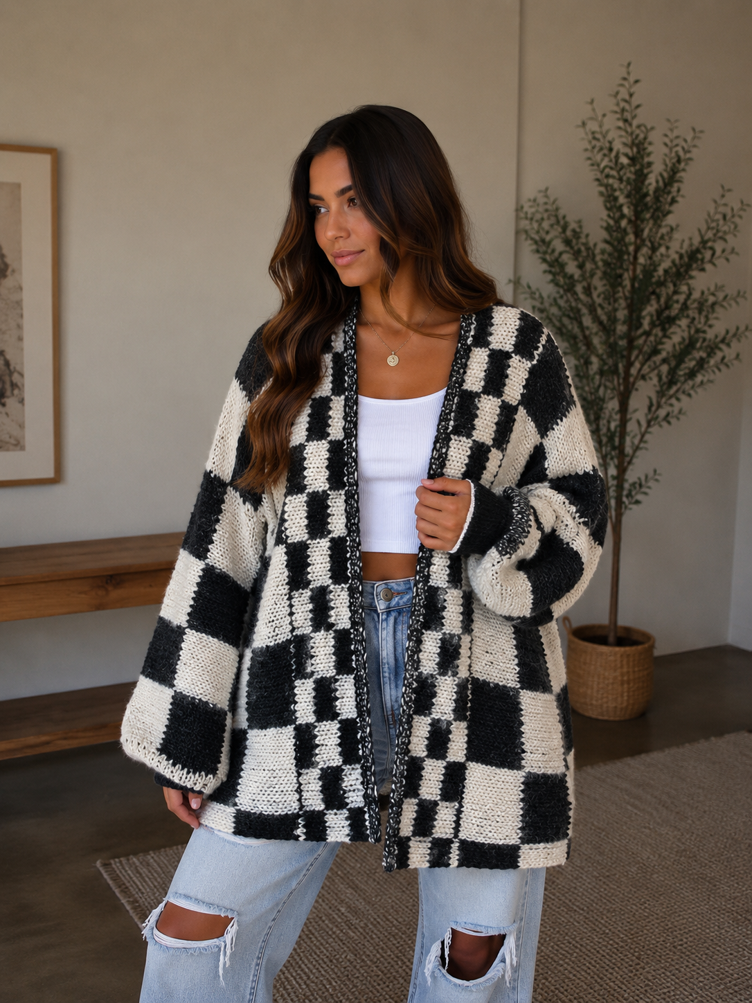 Oversized Checkered Knit Cardigan